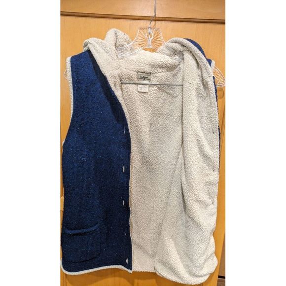 L.L.Bean Ladies Vest Coat Large Lambswool‎ Blend Blue Sherpa Lining Hooded Long - Picture 3 of 5